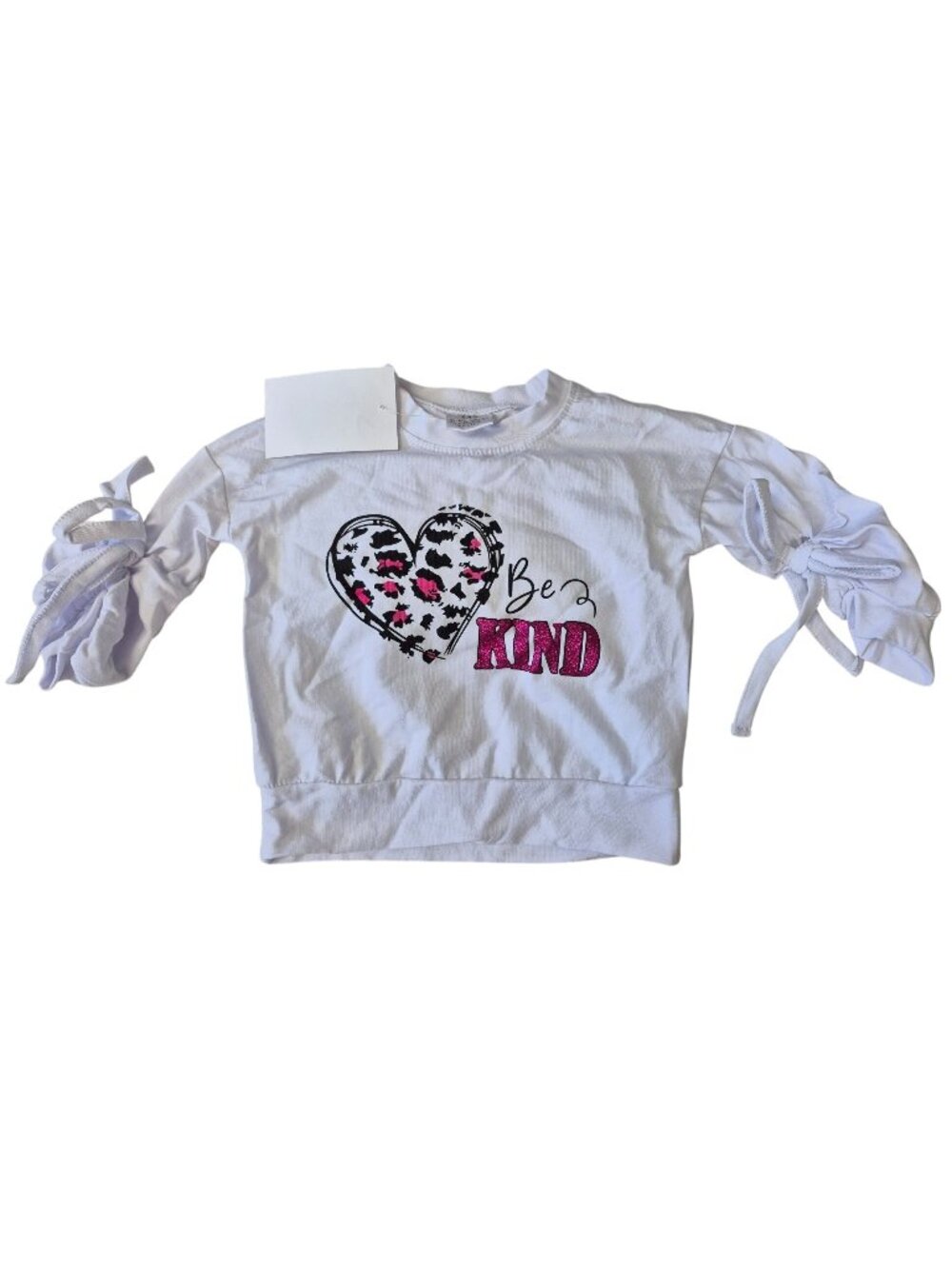Girls White "Be Kind" Sweatshirt With Heart Graphic & Bow Sleeves 6M
